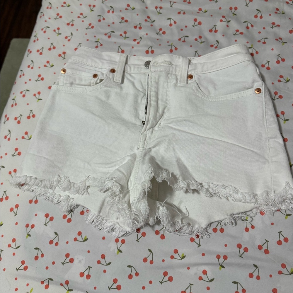 Levi High Waisted White Frayed Denim Shorts